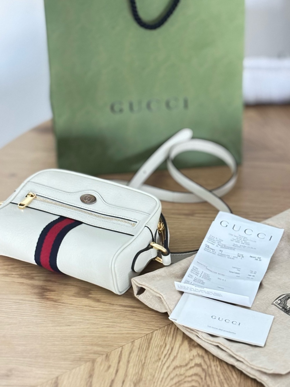 Gucci White Leather Ophidia Crossbody Bag with Web Stripe. Almost like new